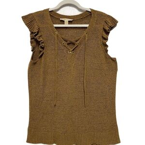 Michael Kors Tan Flutter Sleeve Tie Front Knit Top Gold Accents